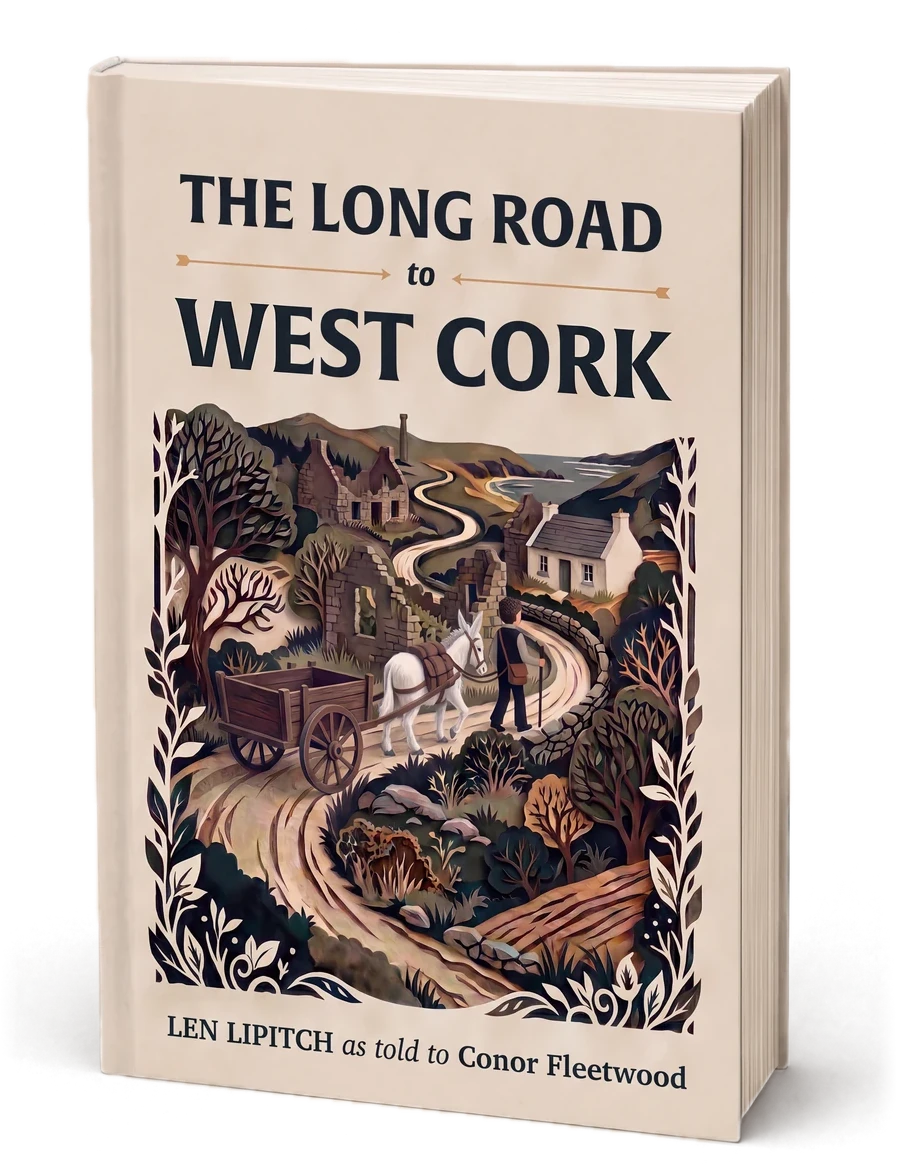 The softcover book, The Long Road to West Cork. Its cover is a papercut illustration of a man leading a white donkey and cart along a winding road past stone ruins towards the sea